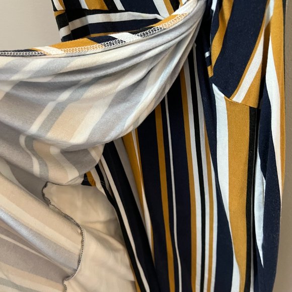 Allison Joy Navy and Gold Stripped Faux Wrap Dress - Picture 6 of 9